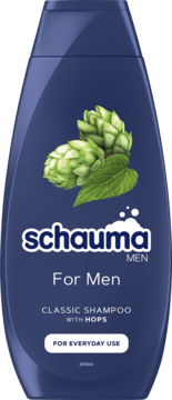Szampon Schauma For Men Classic z chmielem w granatowej butelce, widok z przodu.