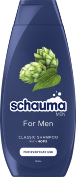 Szampon Schauma For Men Classic z chmielem w granatowej butelce, widok z przodu.