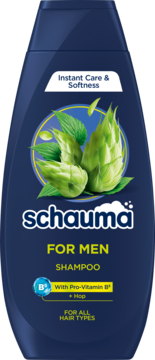Granatowy szampon Schauma For Men z chmielem i Pro-Witaminą B⁵, na wszystkie typy włosów, widok z przodu.