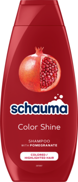 Czerwony szampon Schauma Color Shine z granatem dla ochrony koloru włosów farbowanych, widok z przodu.