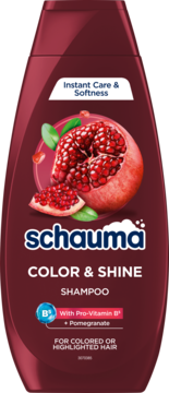 Schauma Color & Shine szampon z Pro-Vitaminą B5 i granatem, do włosów farbowanych i rozjaśnianych, bordowa butelka, widok z przodu.