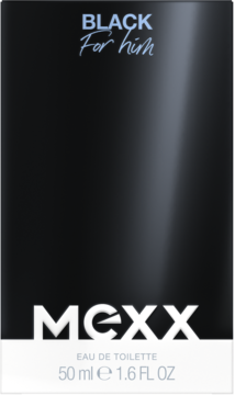 Czarna prostokątna woda toaletowa Mexx Black For Him 50ml, białe logo, błyszczący pasek, widok z przodu.