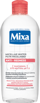 Mixa Micellar Water Anti-Redness, biała butelka z różową nakrętką, dla skóry wrażliwej, widok z przodu.
