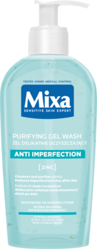 Mixa Purifying Gel Wash z cynkiem, jasnoniebieska butelka z białą pompką, widok z przodu.