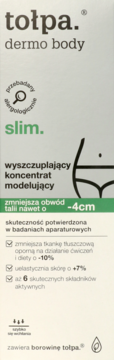 tołpa. dermo body slim. wyszczuplający koncentrat w jasnym opakowaniu, przód. Redukuje talię o 4cm i tłuszcz o 10%.