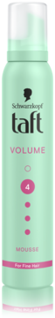 Schwarzkopf Taft Volume Mousse w miętowej butelce z różowymi napisami, poziom utrwalenia 4, do włosów delikatnych, widok z przodu.