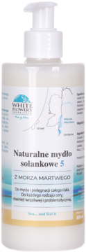 Biała butelka z pompką mydła solankowego White Flowers z Morza Martwego, widok z przodu.