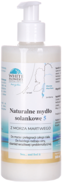 Biała butelka z pompką mydła solankowego White Flowers z Morza Martwego, widok z przodu.