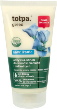 Biała tuba tołpa. green odżywka-serum nawilżające do włosów cienkich, z grafiką niebieskich kwiatów, widok z przodu.