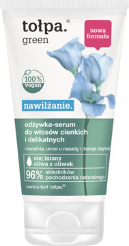 Tołpa Green odżywka-serum do włosów cienkich i delikatnych, biała tuba z kwiatami, widok z przodu.