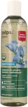 Tołpa Green szampon nawilżający do włosów cienkich i delikatnych, w butelce z zieloną etykietą, widok z przodu.