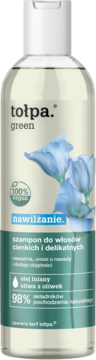 Szampon Tołpa Green nawilżający do włosów cienkich, z olejem lnianym i oliwą z oliwek, widok z przodu.