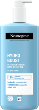 Neutrogena Hydro Boost Ultra Lightweight Body Gel Lotion, błękitna butelka z pompką na białym tle, widok z przodu.