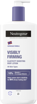Biały balsam Neutrogena Visibly Firming, Elasticity Boosting Body Lotion, z fioletową pompką, widok z przodu.