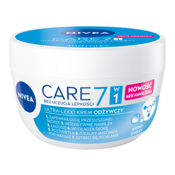 NIVEA Care 7w1 Ultra-lekki krem odżywczy w białym słoiku z niebieską nakrętką, widok z przodu, bez uczucia lepkości.