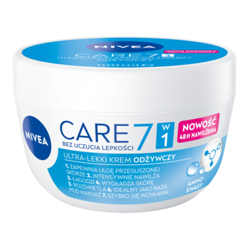 NIVEA Care 7w1 Ultra-lekki krem odżywczy w białym słoiku z niebieską nakrętką, widok z przodu, bez uczucia lepkości.