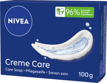 NIVEA Creme Care mydło pielęgnacyjne w kostce 100g, granatowe opakowanie z białą falą kremu, z przodu.