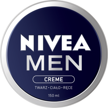 NIVEA MEN Creme 150 ml, uniwersalny krem w okrągłym granatowym słoiku, białe logo, widok z góry.