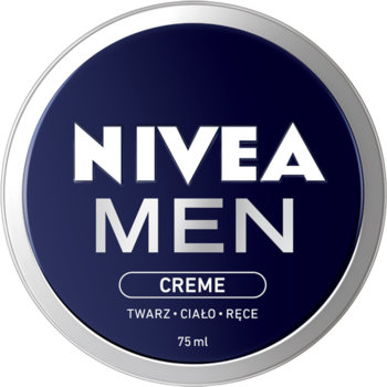 Okrągły krem NIVEA MEN Creme 75ml w granatowo-srebrnej puszce, z napisem TWARZ • CIAŁO • RĘCE, widok z przodu.