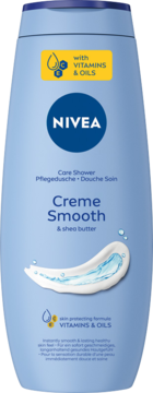 Jasnoniebieski żel pod prysznic Nivea Creme Smooth z masłem shea i witaminami, butelka widok z przodu.