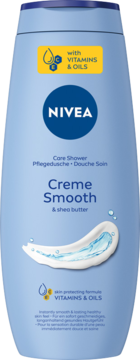 Jasnoniebieski żel pod prysznic Nivea Creme Smooth z masłem shea i witaminami, butelka widok z przodu.