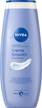 NIVEA Creme Smooth & Shea Butter żel pod prysznic, lawendowa butelka 500ml, kremowa smuga, widok z przodu.