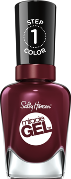 Sally Hansen Miracle Gel "Wine Stock" lakier w butelce, ciemnoczerwony, nakrętka "STEP 1 COLOR", widok z przodu.