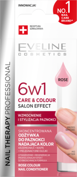 Eveline Cosmetics 6w1 Care & Colour Rose odżywka do paznokci. Biało-różowe opakowanie z efektem 'przed' i 'po'.