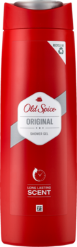 Czerwony żel pod prysznic Old Spice Original, butelka z białą etykietą i ikoną długotrwałego zapachu, widok z przodu.