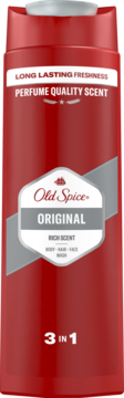 Czerwona butelka żelu Old Spice Original 3 w 1 o zapachu perfum, do ciała, włosów i twarzy, widok z przodu.