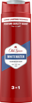 Czerwona butelka żelu pod prysznic Old Spice Whitewater 3w1, widok z przodu, z niebiesko-białą etykietą.