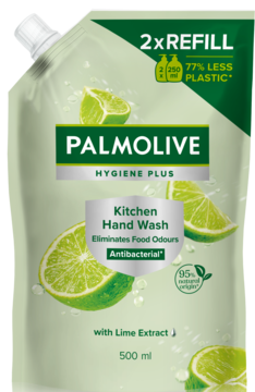 Palmolive Kitchen Hand Wash refill pouch, light green, lime scent, eliminates food odours, front view, 500ml.