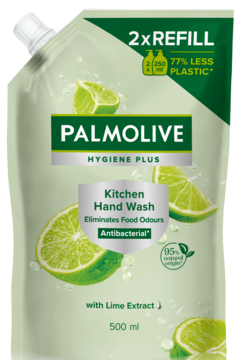 Palmolive Kitchen Hand Wash refill pouch, light green, lime scent, eliminates food odours, front view, 500ml.