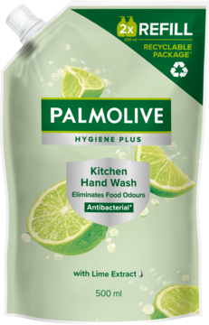 Jasnozielona saszetka Palmolive Kitchen Hand Wash, 500ml, 2x REFILL, z limonką, antybakteryjne, usuwa zapachy.