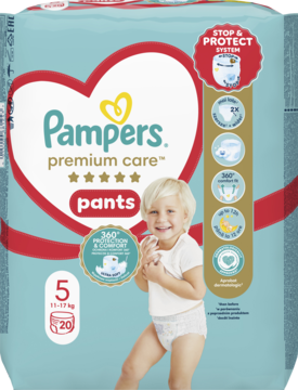 Pampers Premium Care Pants 5 (11-17kg), turkusowe opakowanie z dzieckiem, 20 sztuk, Stop & Protect.