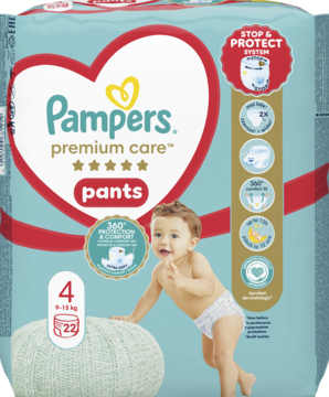 Opakowanie pieluchomajtek Pampers Premium Care 4 (9-15kg) z dzieckiem, tealowe tło, czerwone serce.