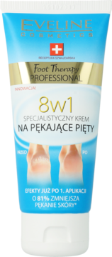 Tubka Eveline Foot Therapy Professional 8w1 krem na pękające pięty, niebieska ze złotym paskiem, widok z przodu.
