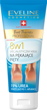 Krem Eveline Foot Therapy Professional 8w1 z 15% mocznika na pękające pięty, niebieska tubka, widok przód.