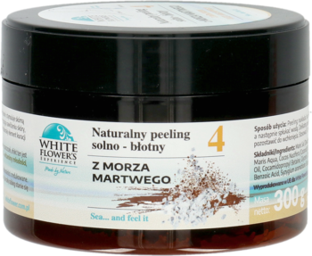 Słoik peelingu solno-błotnego White Flowers z Morza Martwego, brązowy, z czarną nakrętką i biało-niebieską etykietą.