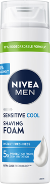 Nivea Men Sensitive Cool pianka do golenia w białej puszce z niebieskim logo, widok z przodu, 99% biodegradalne.