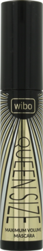 Wibo Maximum Volume mascara w czarnej butelce ze złotymi promieniami i pionowym napisem VOLUME, widok z przodu.