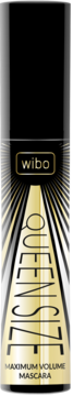 Wibo Queens Sky Maximum Volume mascara, czarno-złota tuba z promieniującymi liniami i napisami, widok z przodu.