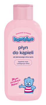 Bambino Płyn do kąpieli dla dzieci od 1. dnia życia, różowa butelka z misiem, widok z przodu.