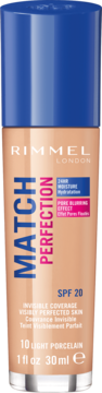 Rimmel Match Perfection 10 Light Porcelain, beżowy podkład SPF 20, butelka z niebieską pompką, widok z przodu.
