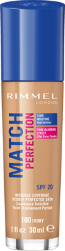 Rimmel Match Perfection podkład 100 Ivory, beżowa butelka z niebieską nakrętką, widok z przodu, z napisem SPF 20.
