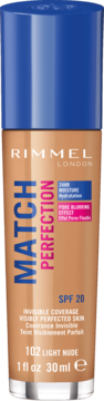 Rimmel Match Perfection podkład SPF 20, beżowa butelka z niebieską nakrętką, widok z przodu. Odcień 102 Light Nude.