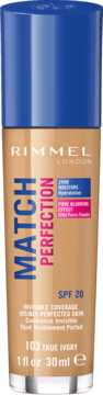 Rimmel Match Perfection podkład 103 True Ivory, beżowa butelka, niebieski korek, SPF 20, nawilżający, przód.