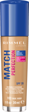 Rimmel Match Perfection podkład 103 True Ivory, beżowa butelka, niebieski korek, SPF 20, nawilżający, przód.