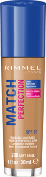 Rimmel Match Perfection podkład Soft Beige, SPF 20, w beżowej butelce z niebieską nakrętką, widok z przodu.