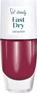 Pionowe ujęcie ciemnoczerwonego lakieru do paznokci lovely Fast Dry w szklanej butelce z białą nakrętką.